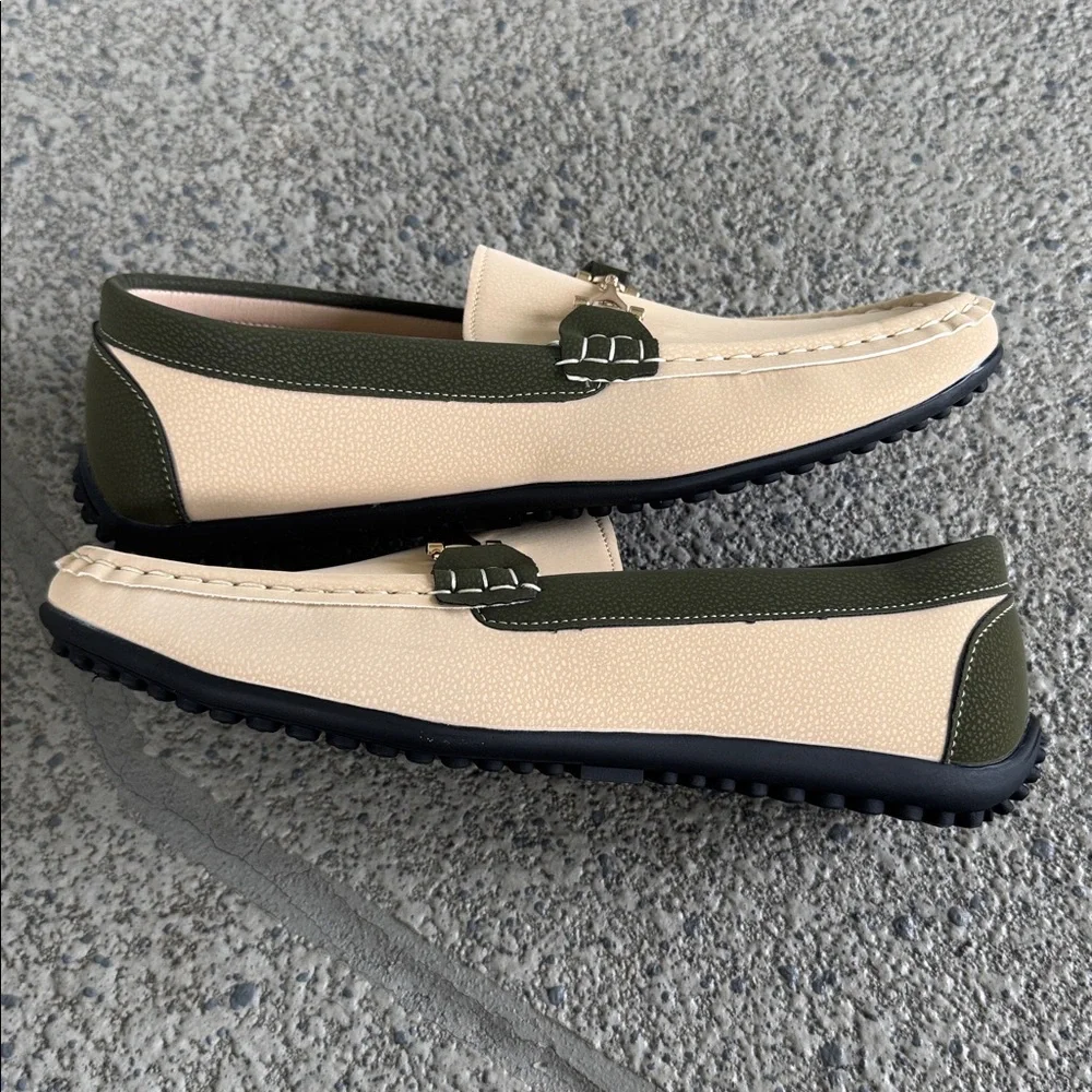 Green cream vegan leather gold horsebit accent slip on style loafers size 42